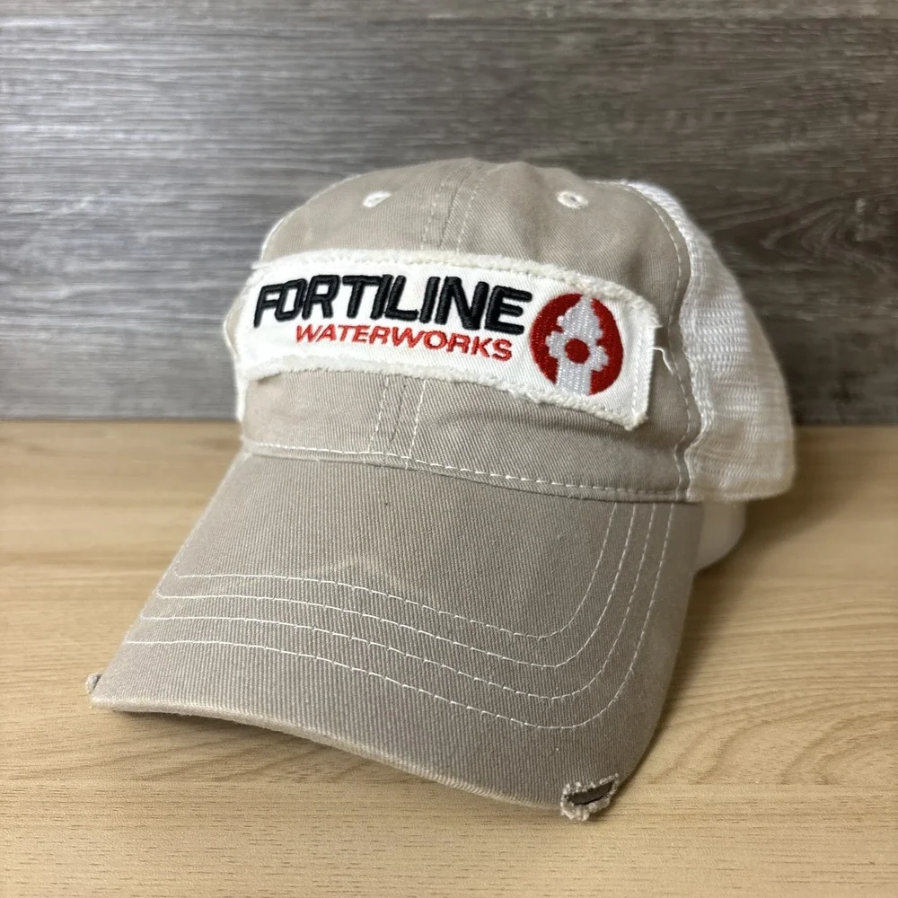 Fortiline Waterworks Hat Cap Strap Back Tan White Mesh Trucker Patch Mens Logo